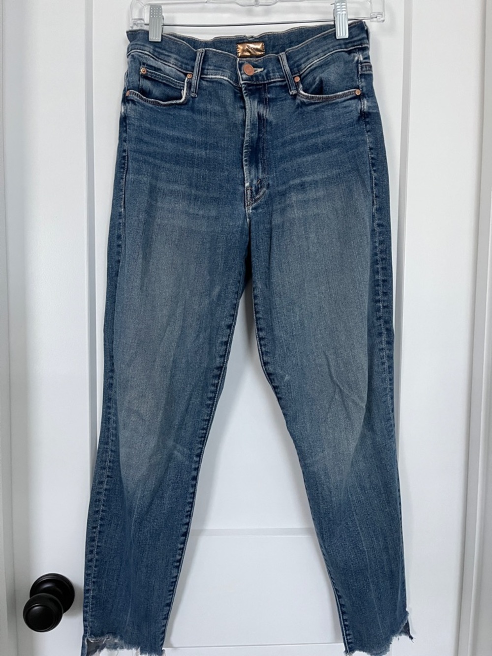 MOTHER High-Rise Straight-Leg Jeans in Medium Blue Wash